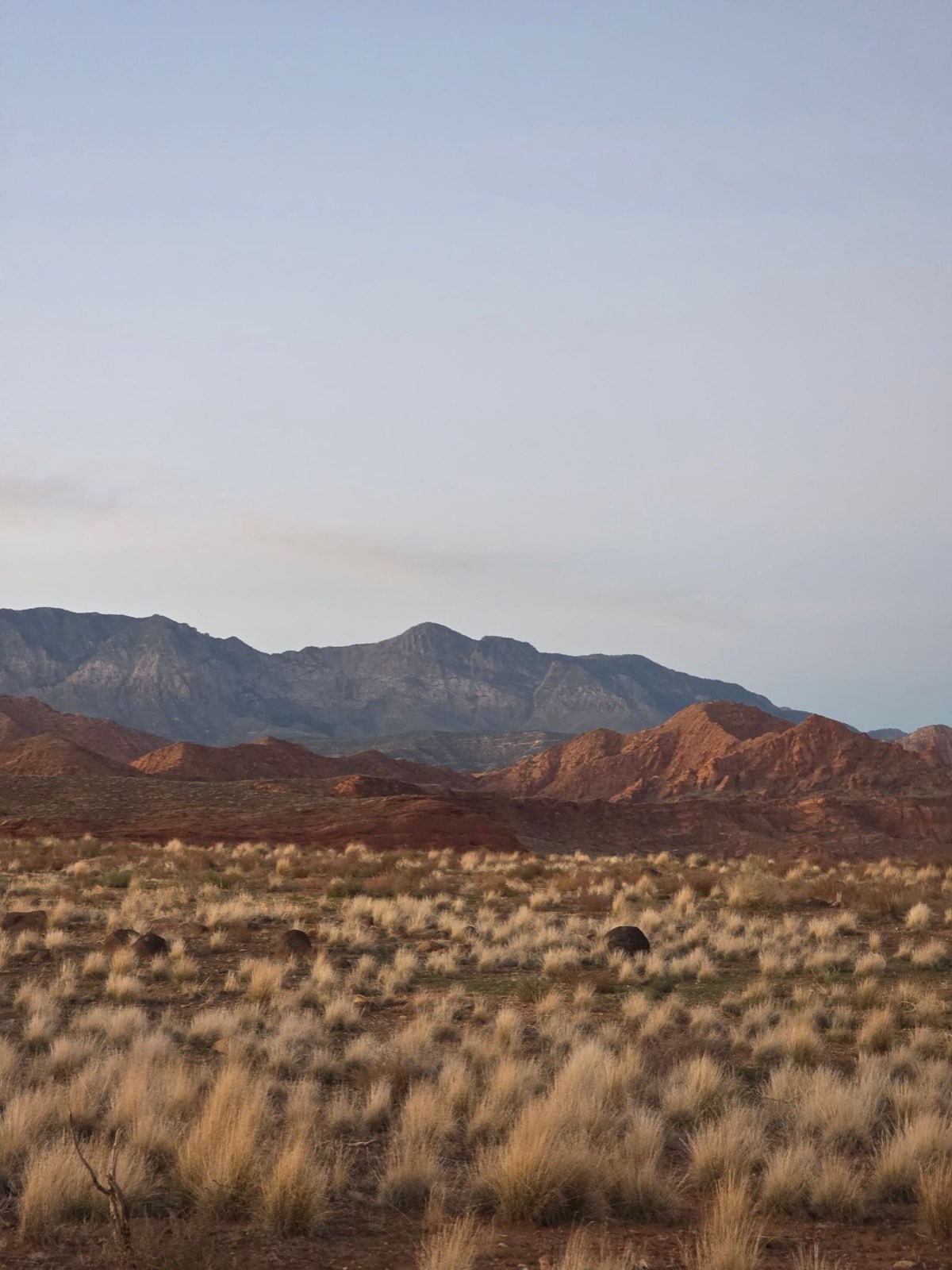 Red rock desert hills and mountains under a pale sky in southern Utah.